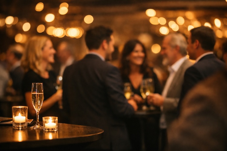 Corporate cocktail hour event with guests mingling before a magic performance in Colorado