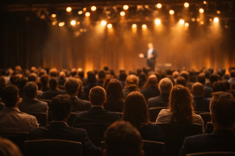Corporate banquet audience watching a professional stage magic performance in Colorado